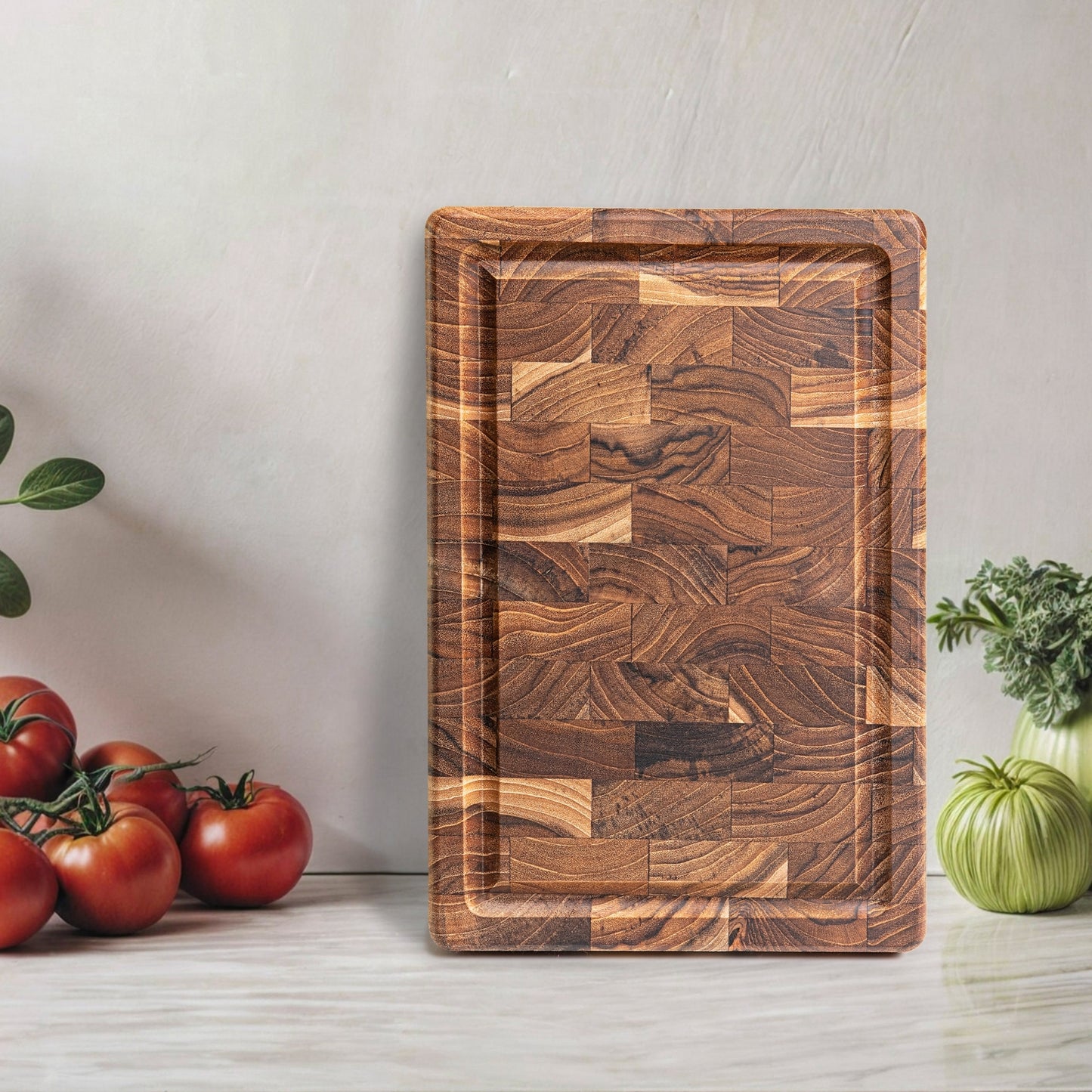 NEW ARRIVAL Tabla Cortar Cocina RIO, Madera de Teca End Grain Grosor 3.2 cm, Resistente, Servir Embutidos Queso Pan, 30x20.5x3.2 cm