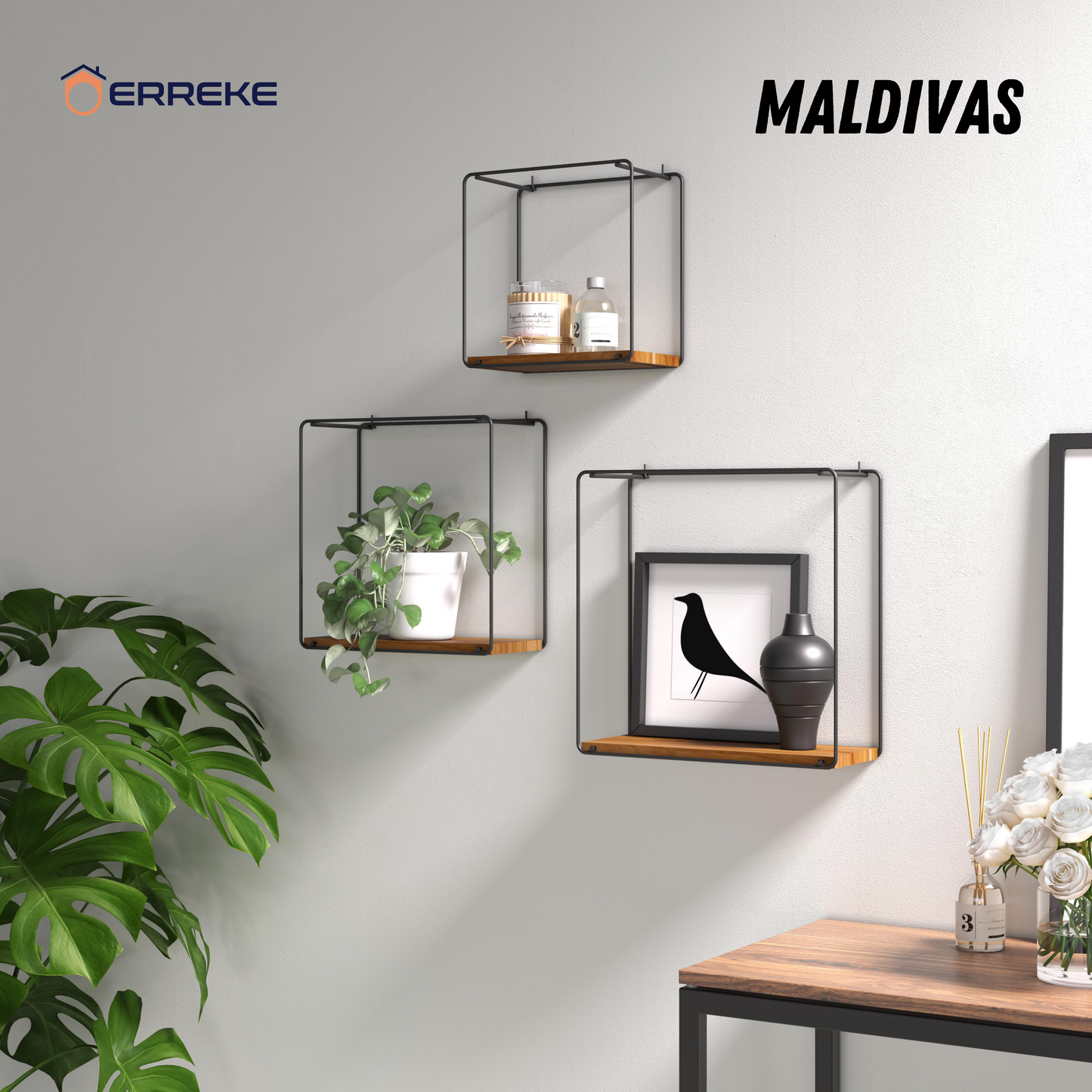 Set of 3 Wall Shelves in Teak Wood and Steel, MALDIVAS, modern and resistant