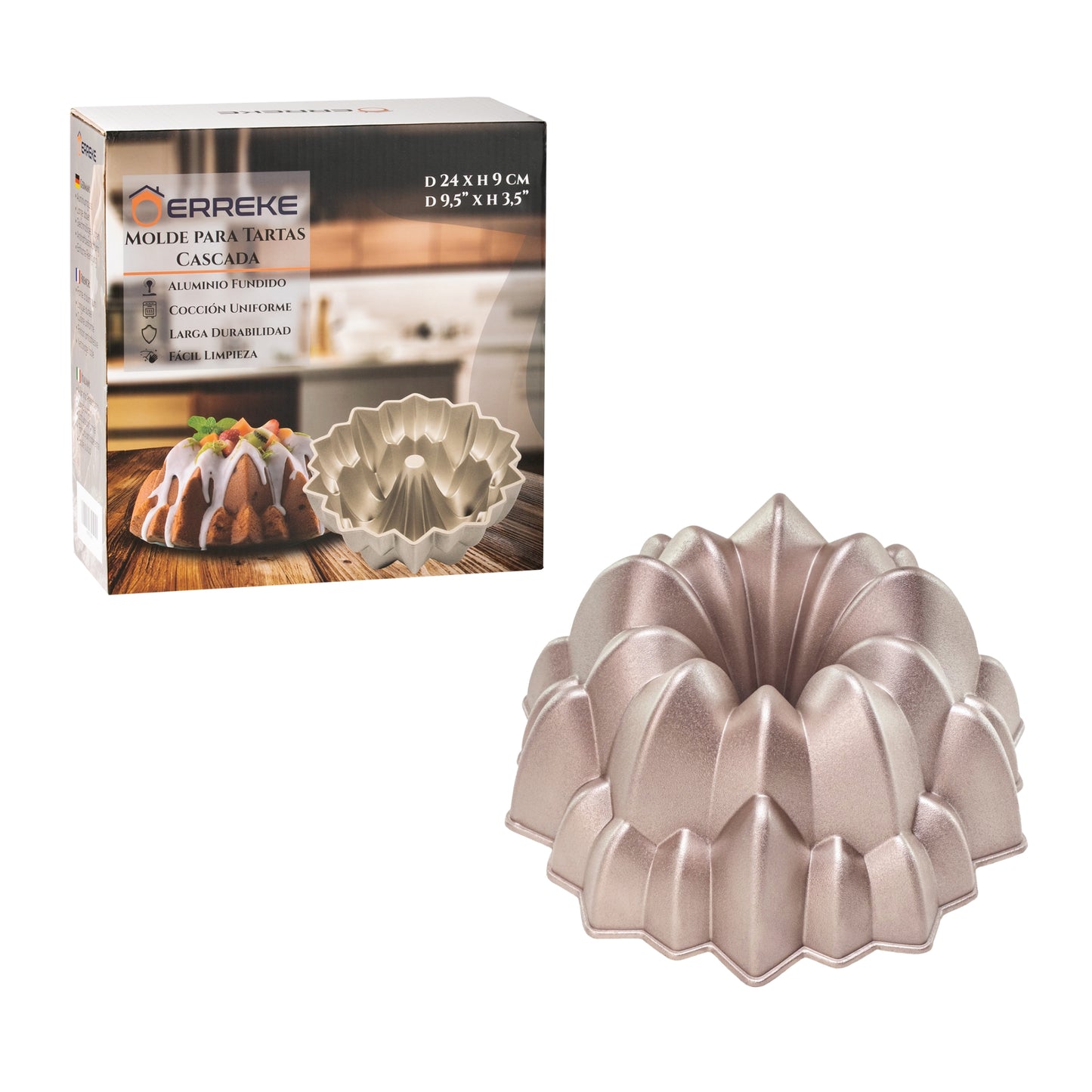 Molde CASCADA, bizcocho y tarta para horno, doble capa antiadherente, aluminio fundido de larga vida, Cocción Uniforme, Color Oro Rosa, diámetro 24cm, alto 11 cm, 2 litros.