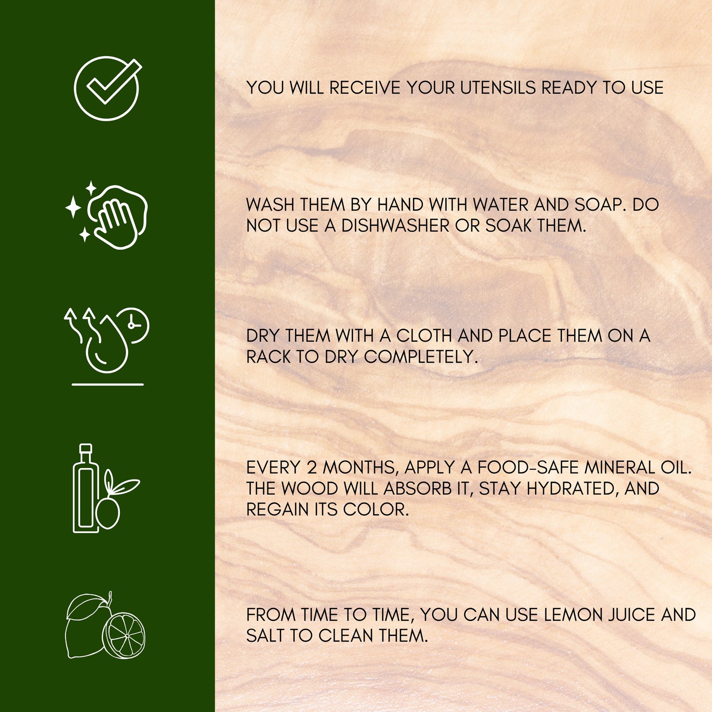 Conjunto de utensílios de cozinha em madeira de oliveira natural, set artesanal de 4 peças, colher e espátulas, design mediterrânico feito à mão