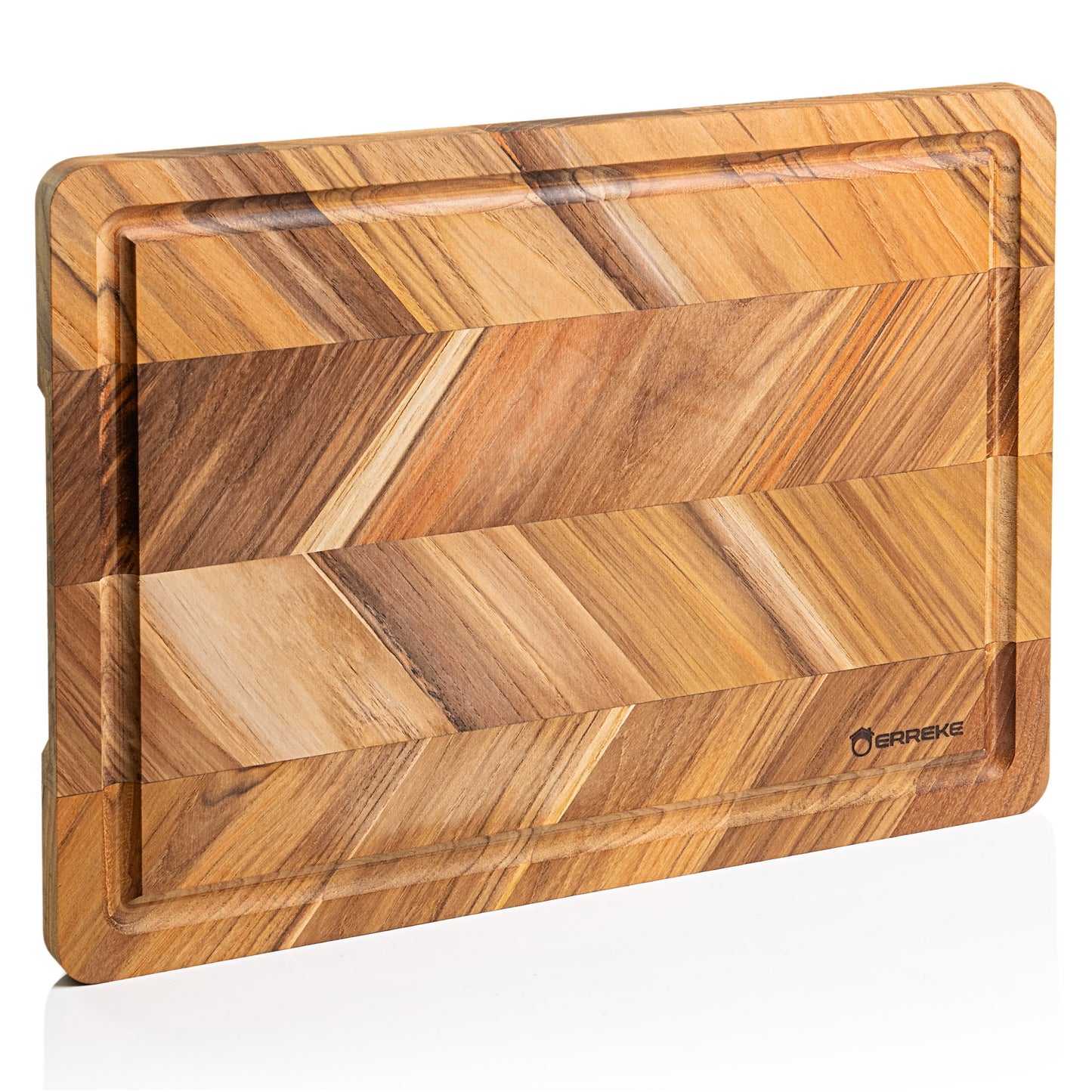 Tabla de Cortar en Madera de Teca Natural, diseño Herringbone, ideal para cortar y servir carne, pan y embutidos, 40.5×30.5×2 cm, con ranura para jugos