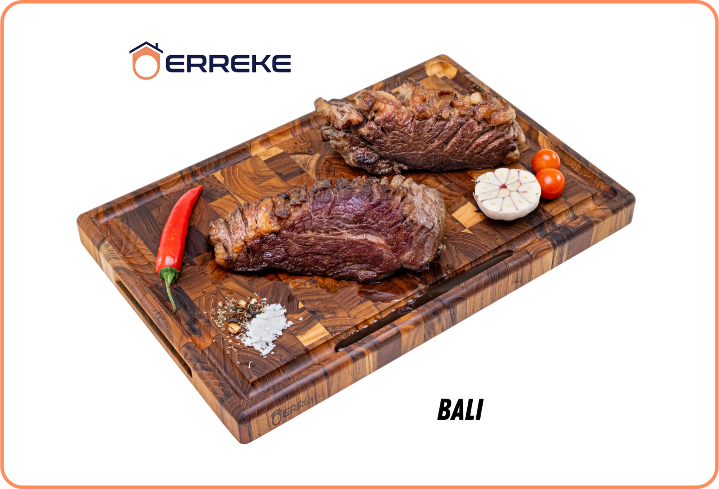 Tabla de Cortar XL en Madera TECA Natural BALI, End Grain, Reversible, Cocina o Barbacoa, Servir Carne Queso Pan, 44x30x3,2cm (ranura para jugos)