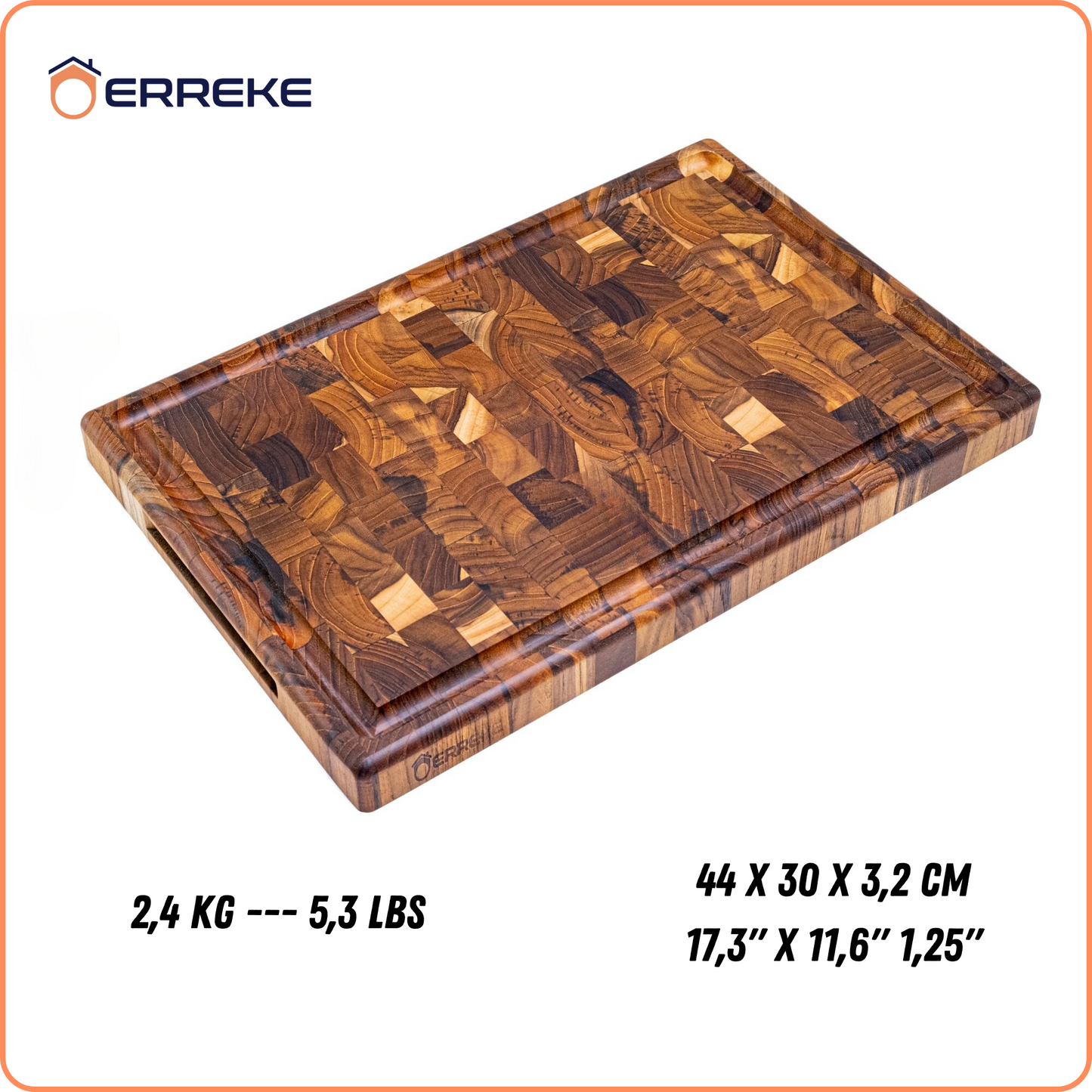 Tabla de Cortar XL en Madera TECA Natural BALI, End Grain, Reversible, Cocina o Barbacoa, Servir Carne Queso Pan, 44x30x3,2cm (ranura para jugos)