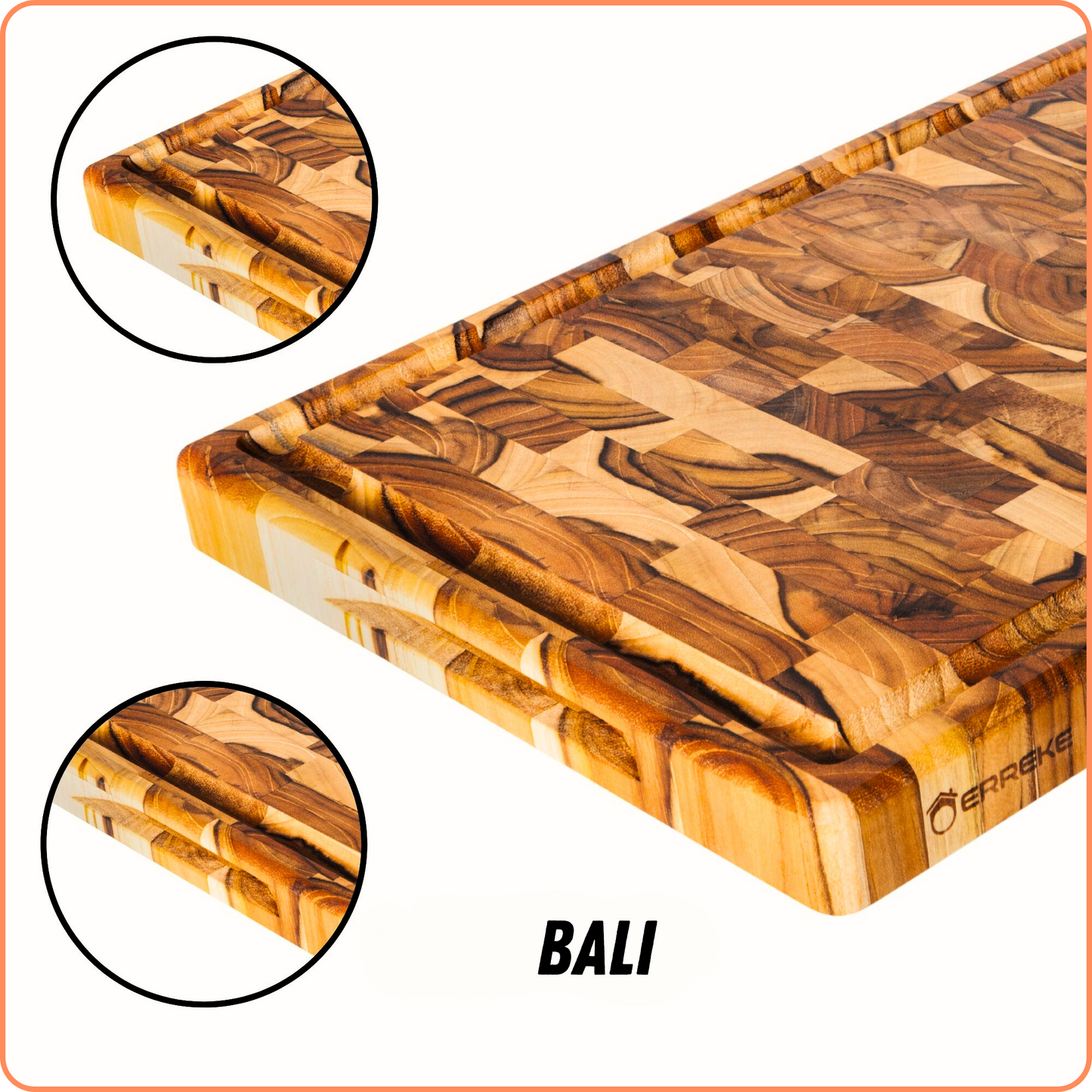 Tabla de Cortar XL en Madera TECA Natural BALI, End Grain, Reversible, Cocina o Barbacoa, Servir Carne Queso Pan, 44x30x3,2cm (ranura para jugos)