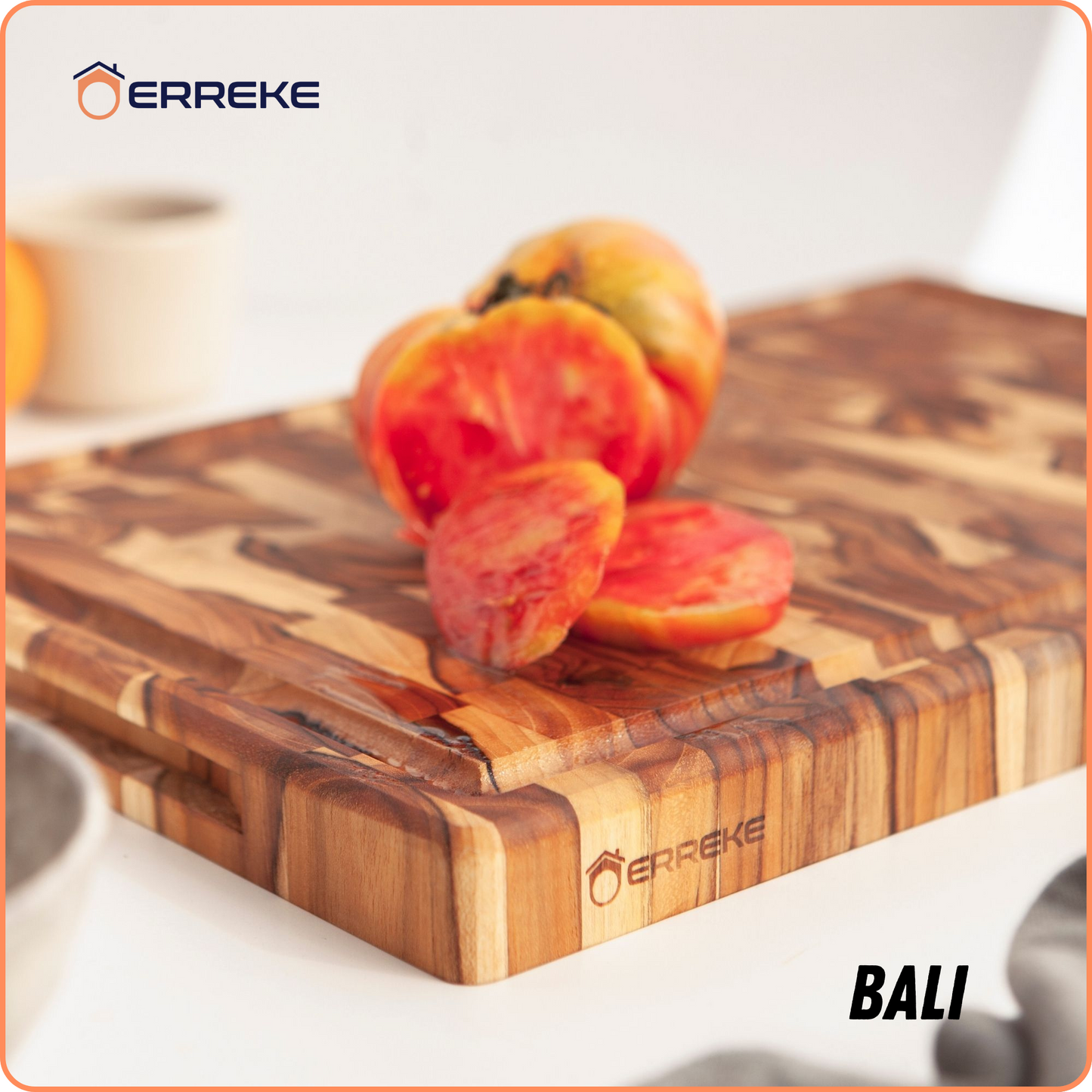 Tabla de Cortar XL en Madera TECA Natural BALI, End Grain, Reversible, Cocina o Barbacoa, Servir Carne Queso Pan, 44x30x3,2cm (ranura para jugos)