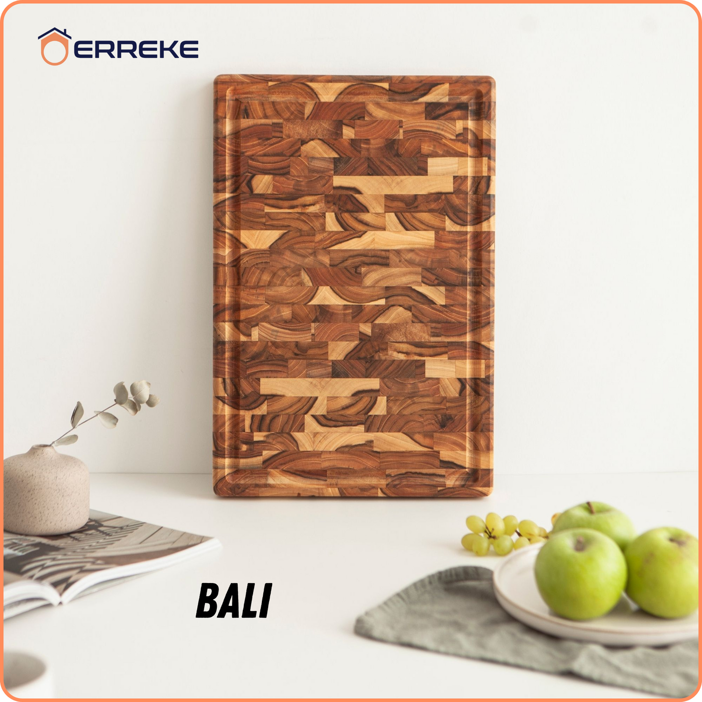 Tabla de Cortar XL en Madera TECA Natural BALI, End Grain, Reversible, Cocina o Barbacoa, Servir Carne Queso Pan, 44x30x3,2cm (ranura para jugos)