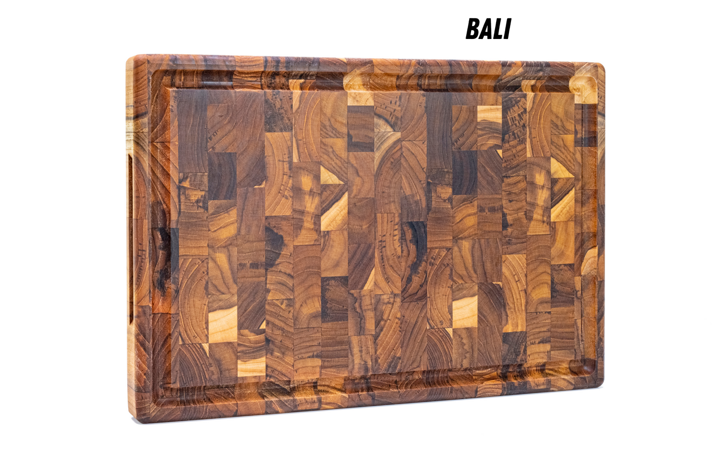 Tabla de Cortar XL en Madera TECA Natural BALI, End Grain, Reversible, Cocina o Barbacoa, Servir Carne Queso Pan, 44x30x3,2cm (ranura para jugos)