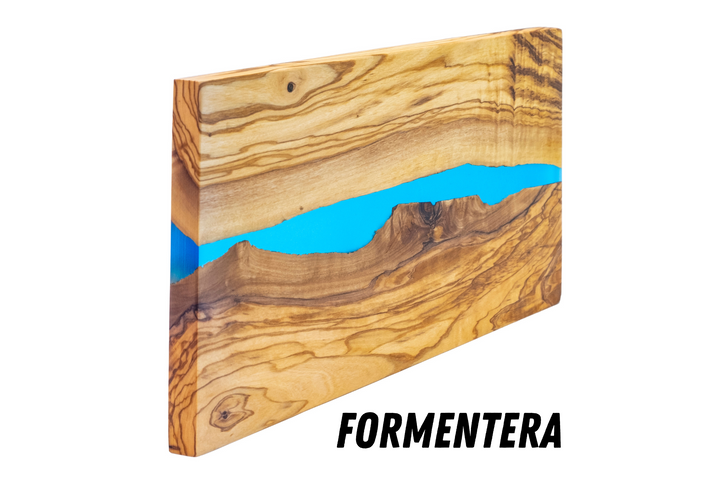 Serving Board in Natural Olive Wood and Epoxy Resin FORMENTERA, Kitchen Chopping Board 38x18x1.5 cm, Ideal for Serving Sausages Ham Cheese Bread (Blue)