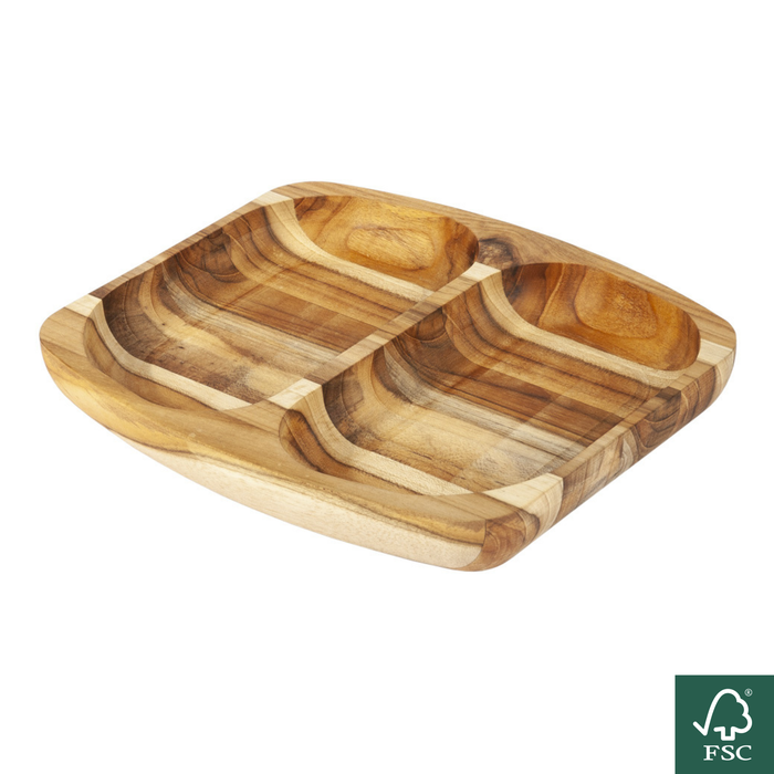 Vassoio da portata a 2 scomparti in legno di teak naturale PALERMO 24,5 x 21,5 x 2,4 cm
