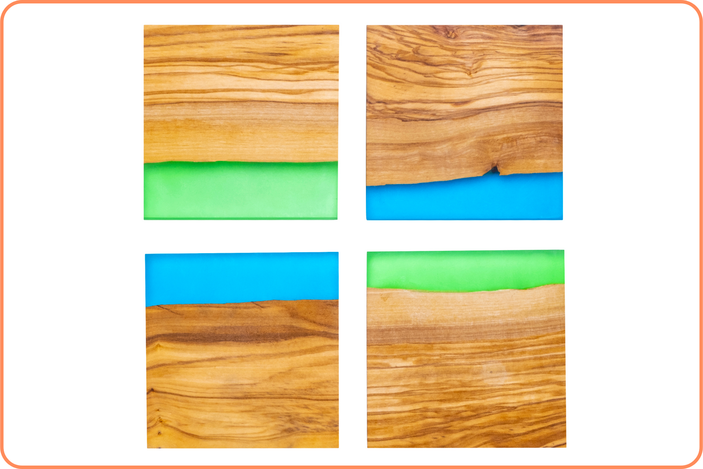 Conjunto de 4 bases para copos originais em madeira de oliveira natural e resina epóxi LANZAROTE, xícaras, copos, 10x10x1,2 cm (verde)