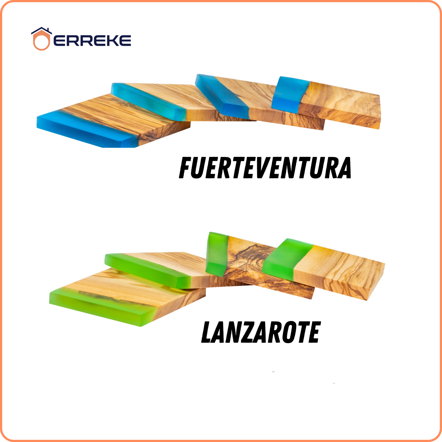Set of 4 Original Coasters in Natural Olive Wood and Epoxy Resin LANZAROTE, Cups, Glasses, 10x10x1.2 cm (Green)