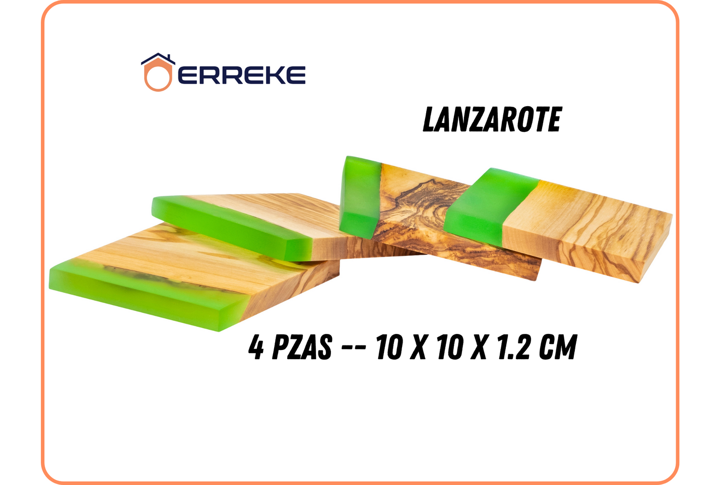 Set of 4 Original Coasters in Natural Olive Wood and Epoxy Resin LANZAROTE, Cups, Glasses, 10x10x1.2 cm (Green)