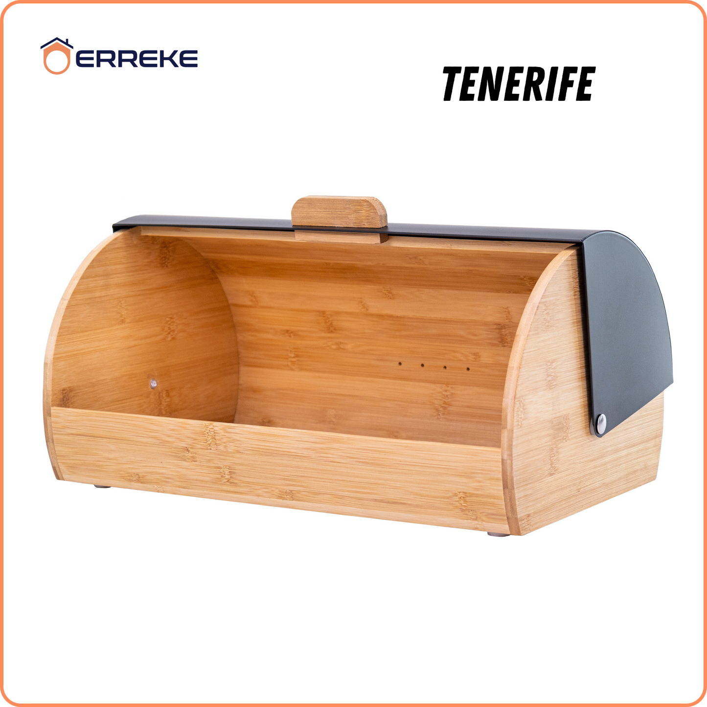 TENERIFE Bread Bin, which preserves the freshness and aroma of the Bread. Made of Steel and Bamboo, Vintage Bread Bin, Sliding Lid, Black Color