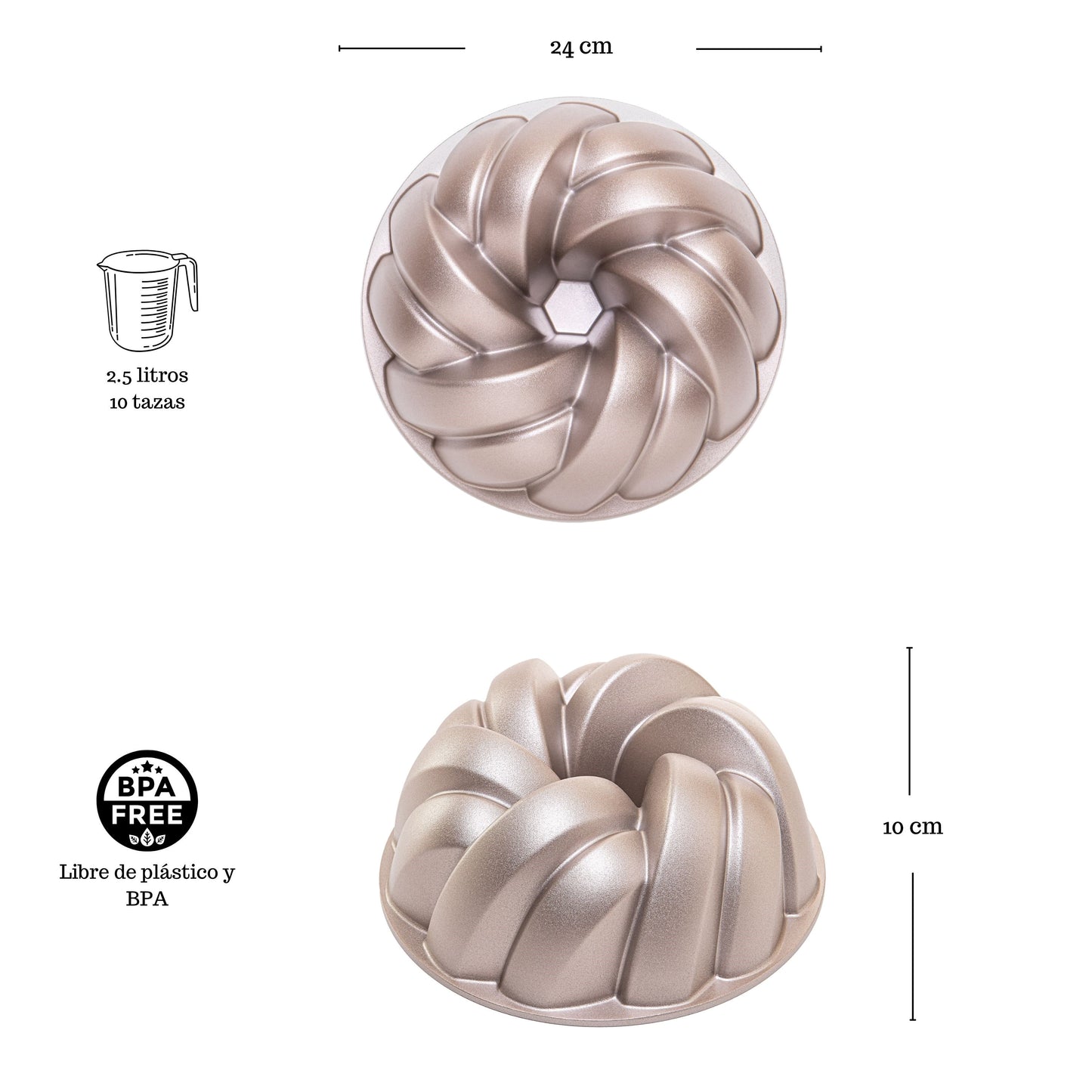 Molde PLAIT, bizcocho y tarta para horno, doble capa antiadherente, aluminio fundido de larga vida, Cocción Uniforme, Color Oro Rosa, diámetro 25cm, alto 11 cm, 2.5 litros.