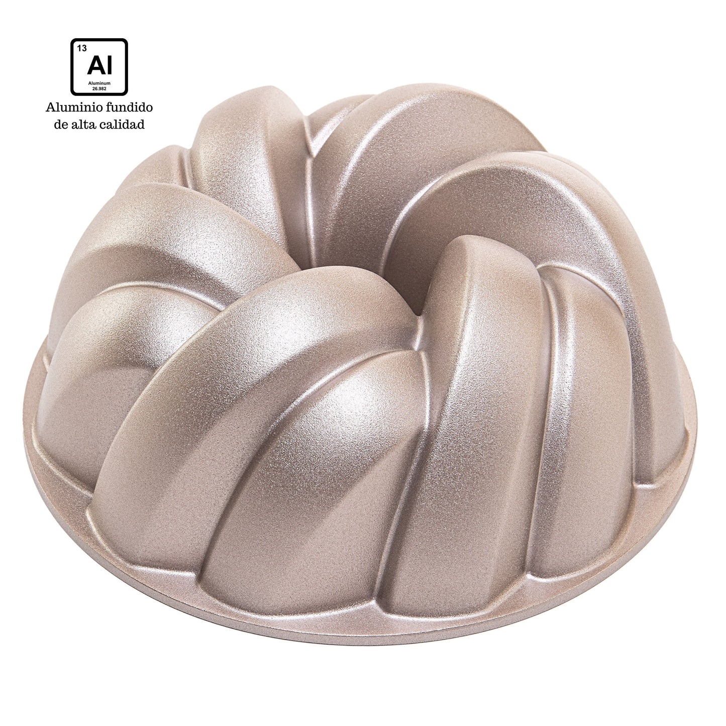 Molde PLAIT, bizcocho y tarta para horno, doble capa antiadherente, aluminio fundido de larga vida, Cocción Uniforme, Color Oro Rosa, diámetro 25cm, alto 11 cm, 2.5 litros.