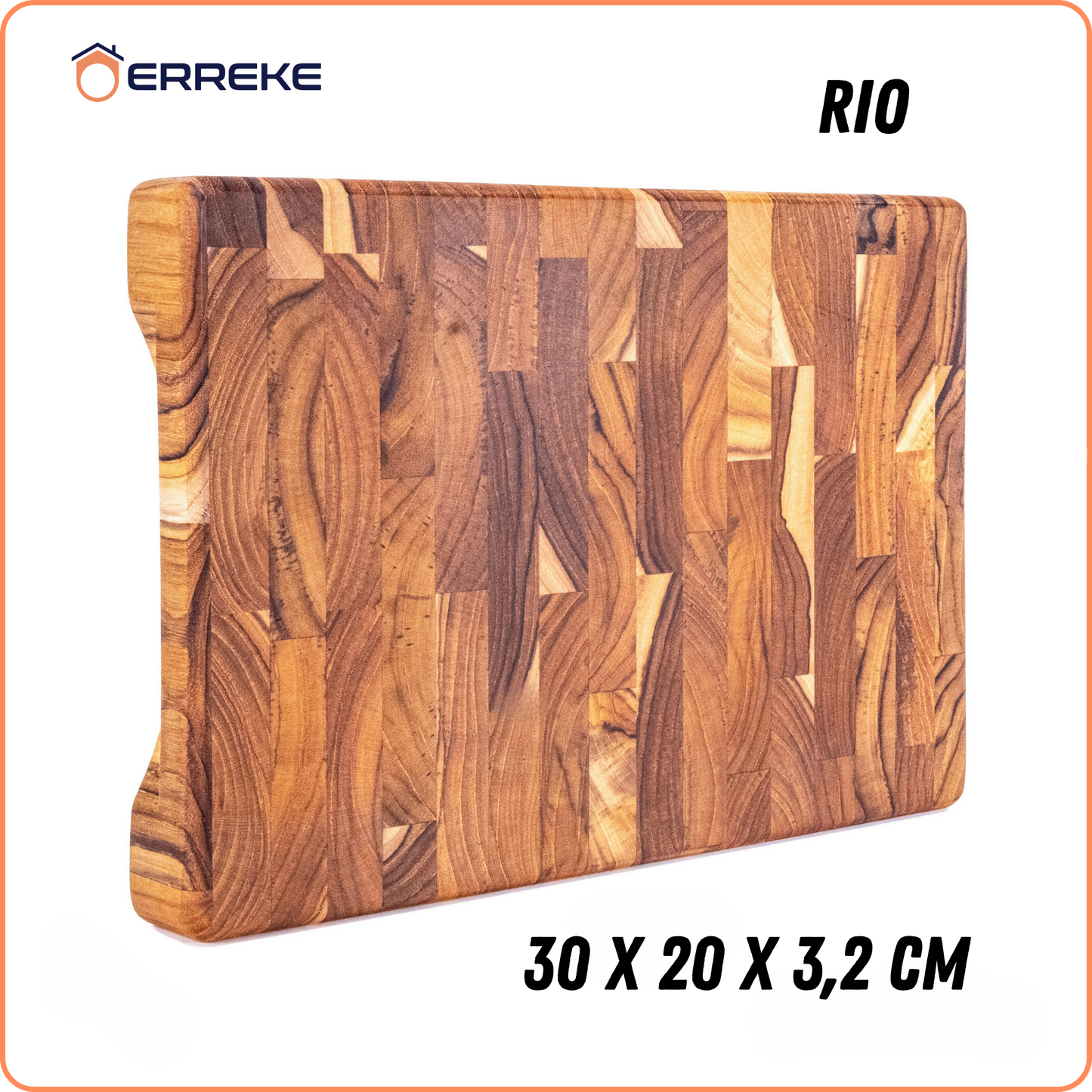Tabla de Cortar en Madera Teca Natural RIO, End Grain 30x20x3.2cm, Tabla Cortar Cocina, Ideal para Servir Carne Queso Pan, Cocinas Pequeñas