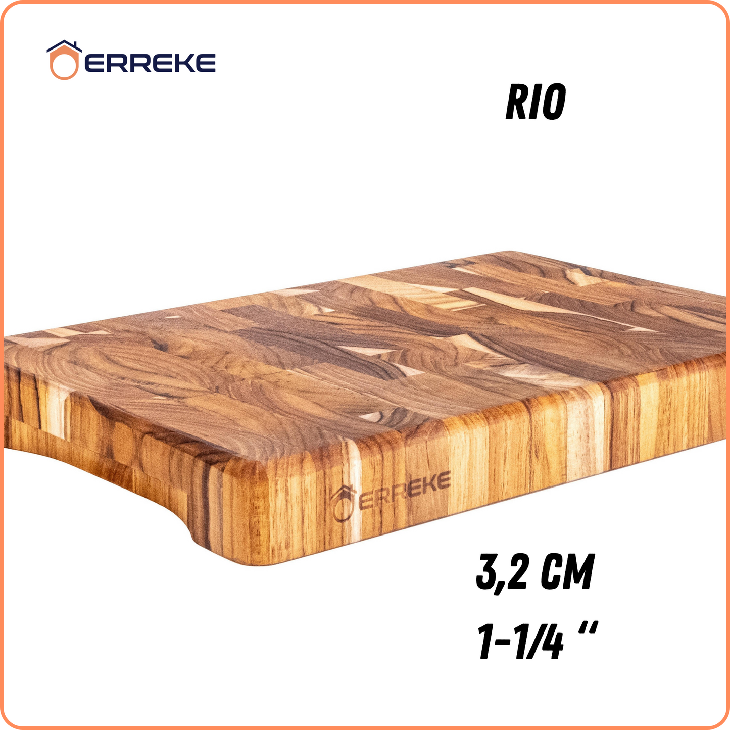 Tabla de Cortar en Madera Teca Natural RIO, End Grain 30x20x3.2cm, Tabla Cortar Cocina, Ideal para Servir Carne Queso Pan, Cocinas Pequeñas