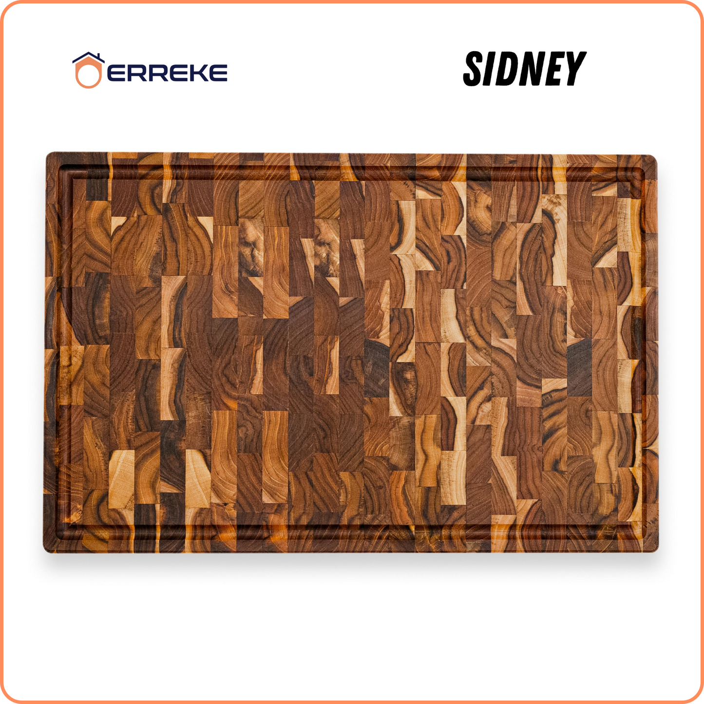 Tabla de Cortar XXL en Madera TECA Natural SIDNEY, End Grain, Bases Antideslizantes, Ideal Cocina o Barbacoa, Servir Carne Queso Pan, 58x38x3,2cm (ranura para jugos)