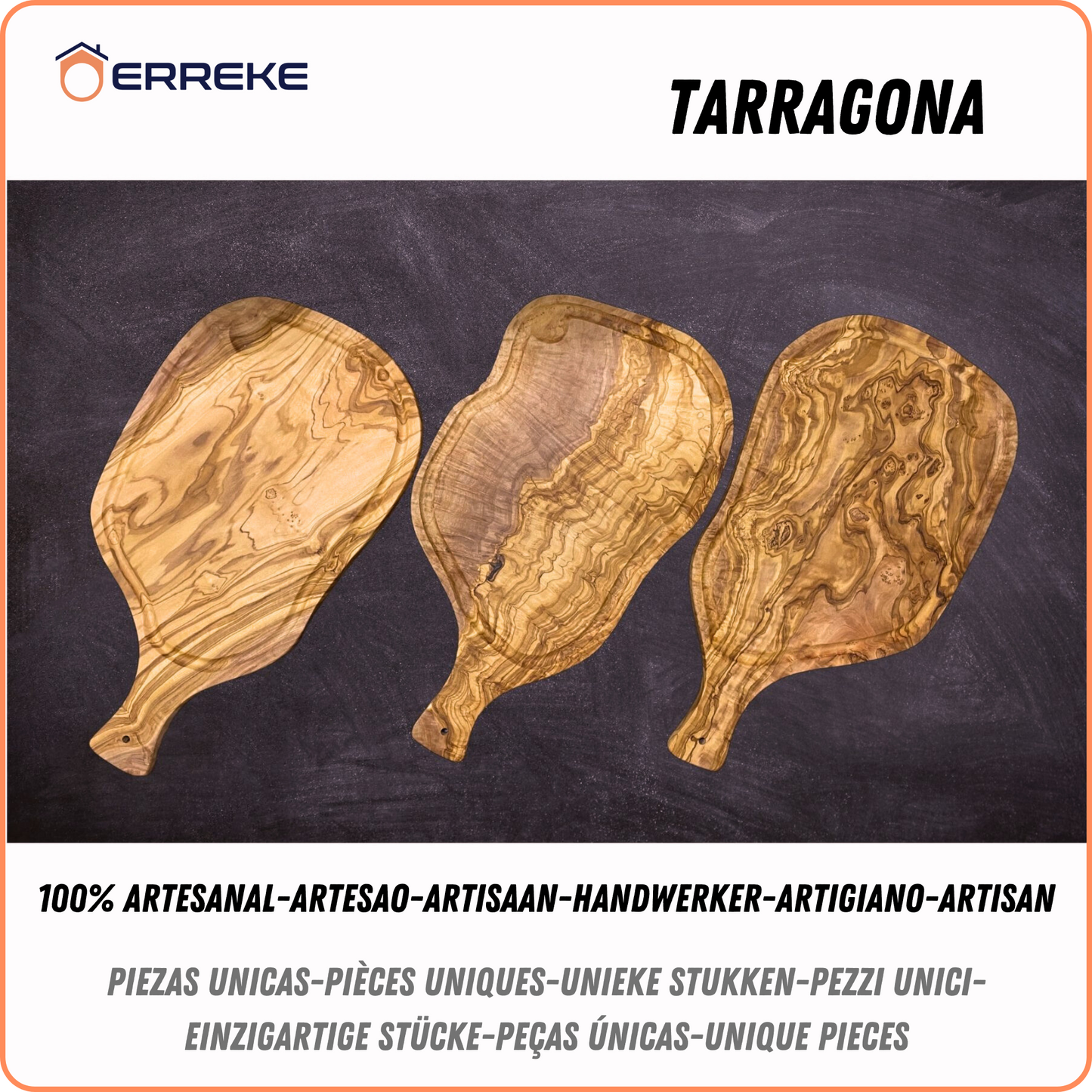 Tabla de Cortar y Servir en Madera Olivo Mediterráneo TARRAGONA, 100% artesanal, con mango y ranura para jugos, Embutidos, Carne, Barbacoa, Queso, Pan (53 x 27 x 2 cm aproximado)