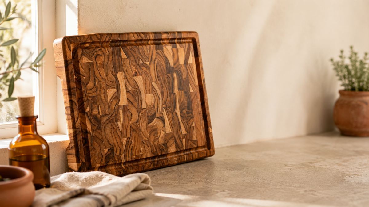 Tabla de cortar de teca End Grain apoyada de pie sobre el canto en una cocina mediterránea