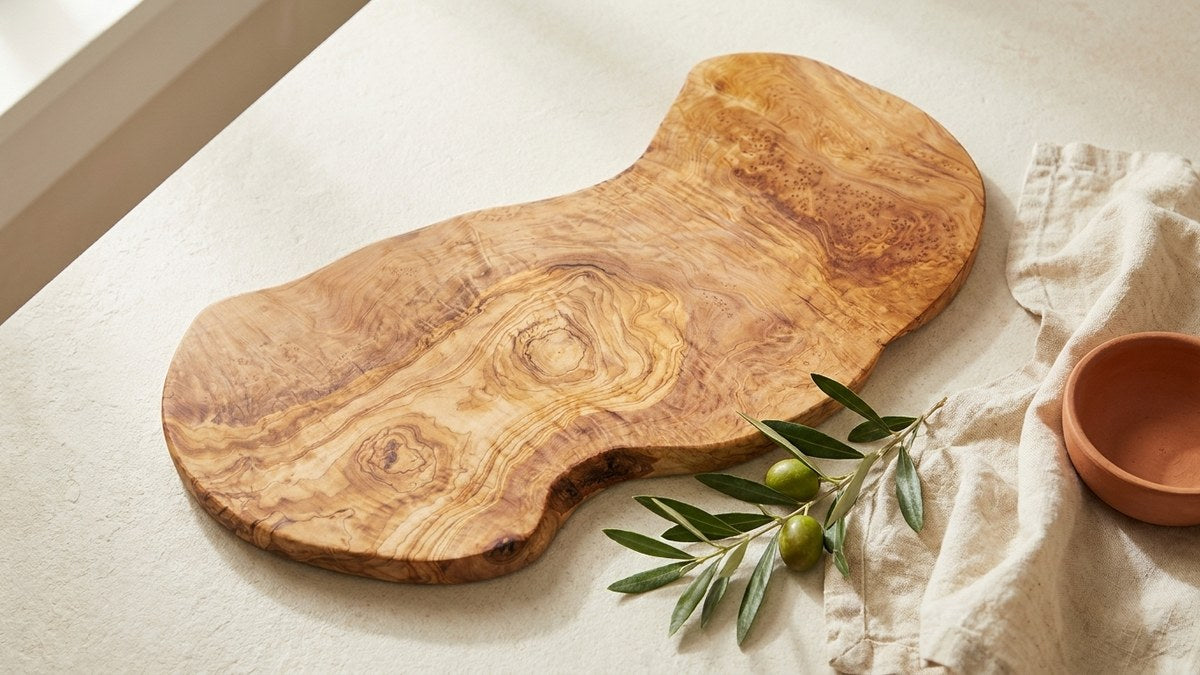Tabla de cortar de madera de olivo Erreke recién cuidada sobre una encimera de cocina