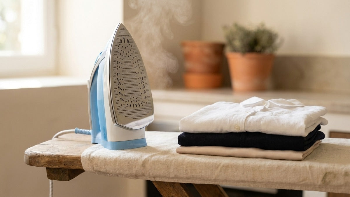 Plancha de vapor con la suela protectora Erreke puesta, junto a ropa doblada de distintos tejidos