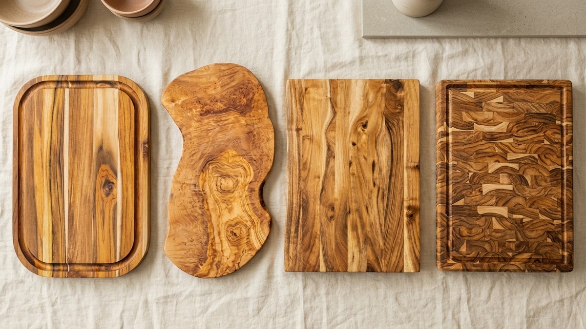 Cuatro tablas de cortar de teca, olivo, acacia y teca End Grain colocadas una junto a otra