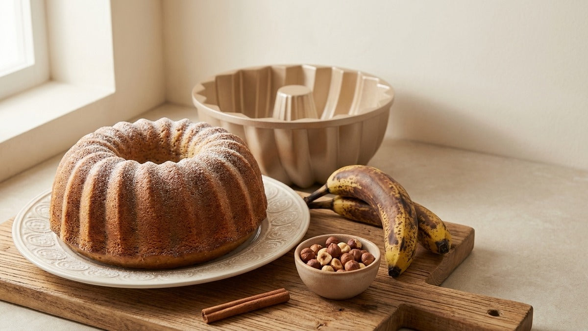 Bizcocho de plátano con corazón de canela desmoldado del molde Clásico de Erreke