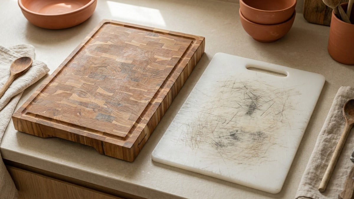 Tabla de cortar de madera de teca End Grain junto a una tabla de plástico rayada por el uso