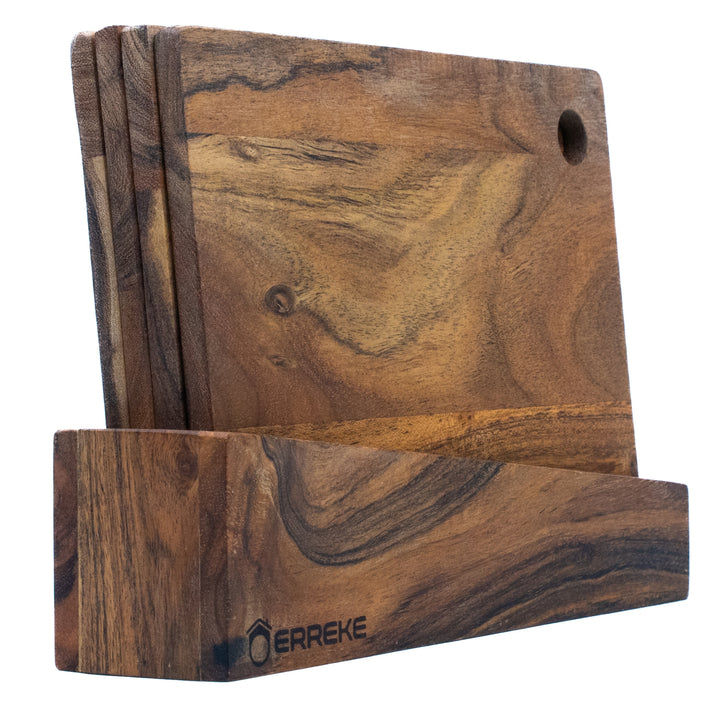 Set of 4 Natural Acacia Wood Cutting Boards with Stand