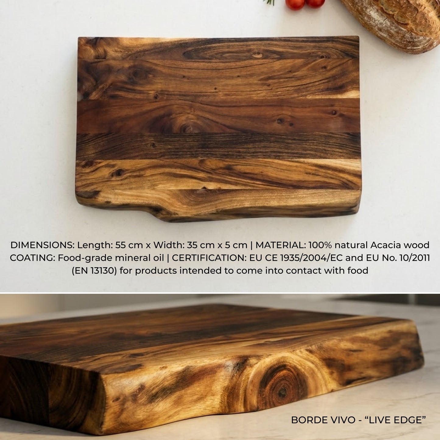 Grande planche en bois d'acacia naturel à bord vif (live edge) 55x35x5 cm