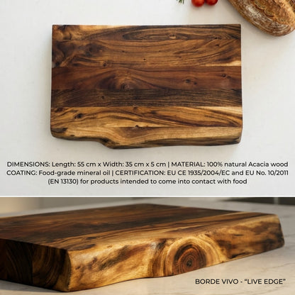 Grande planche en bois d'acacia naturel à bord vif (live edge) 55x35x5 cm