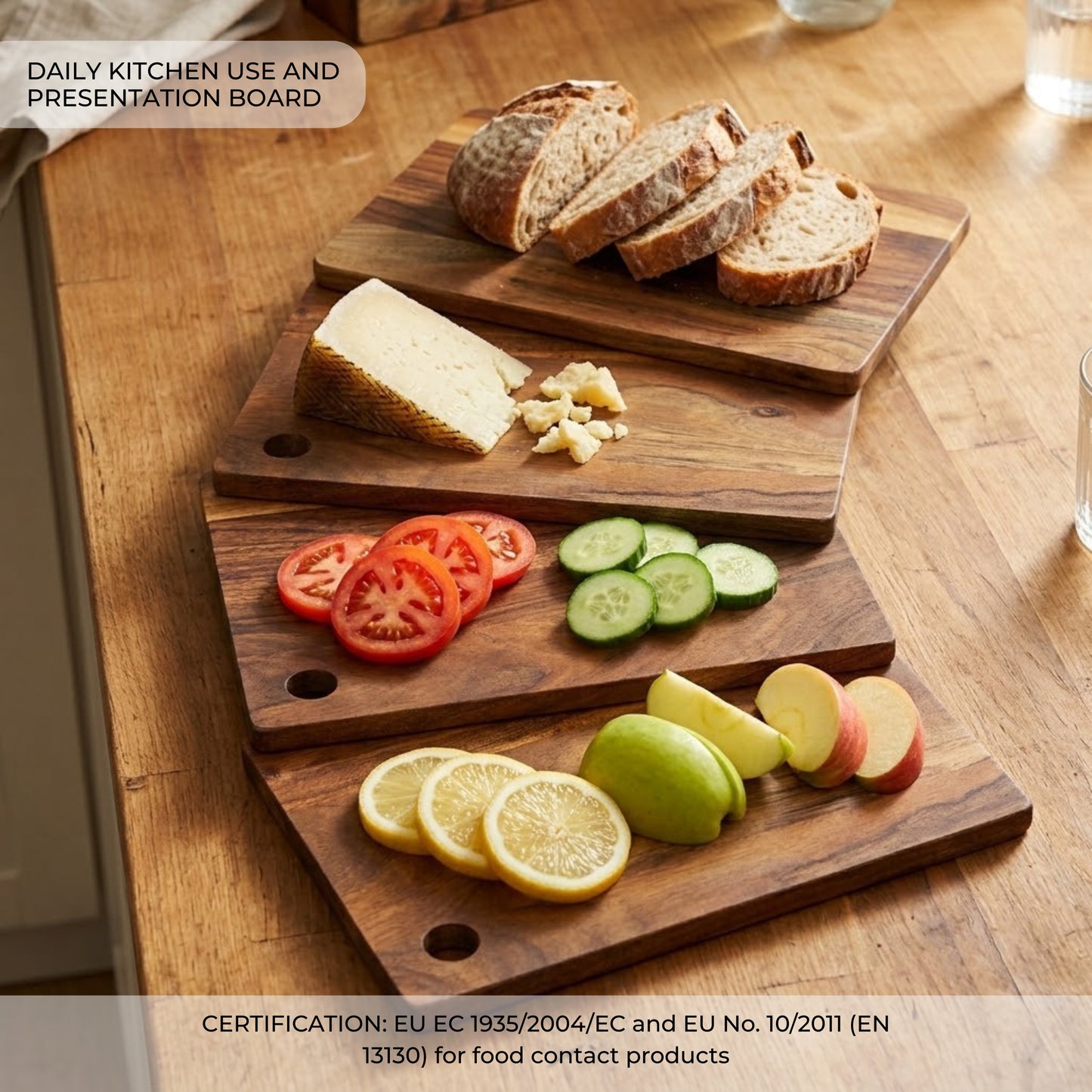 Set di 4 taglieri in legno di acacia naturale con supporto