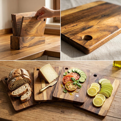 Set di 4 taglieri in legno di acacia naturale con supporto