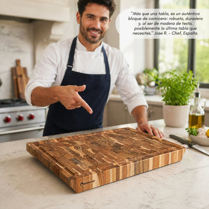 NUOVO ARRIVO Tagliere 3XL in legno di teak naturale BANGKOK, venature trasversali, peso 5 kg, spessore 5 cm. Dimensioni 50x35x5,0 cm, scanalatura per il succo.