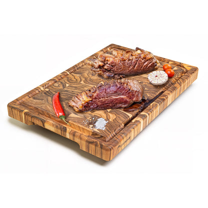 Tabla de Cortar XL en Madera TECA Natural BALI, End Grain, Reversible, Cocina o Barbacoa, Servir Carne Queso Pan, 44x30x3,2cm (ranura para jugos)