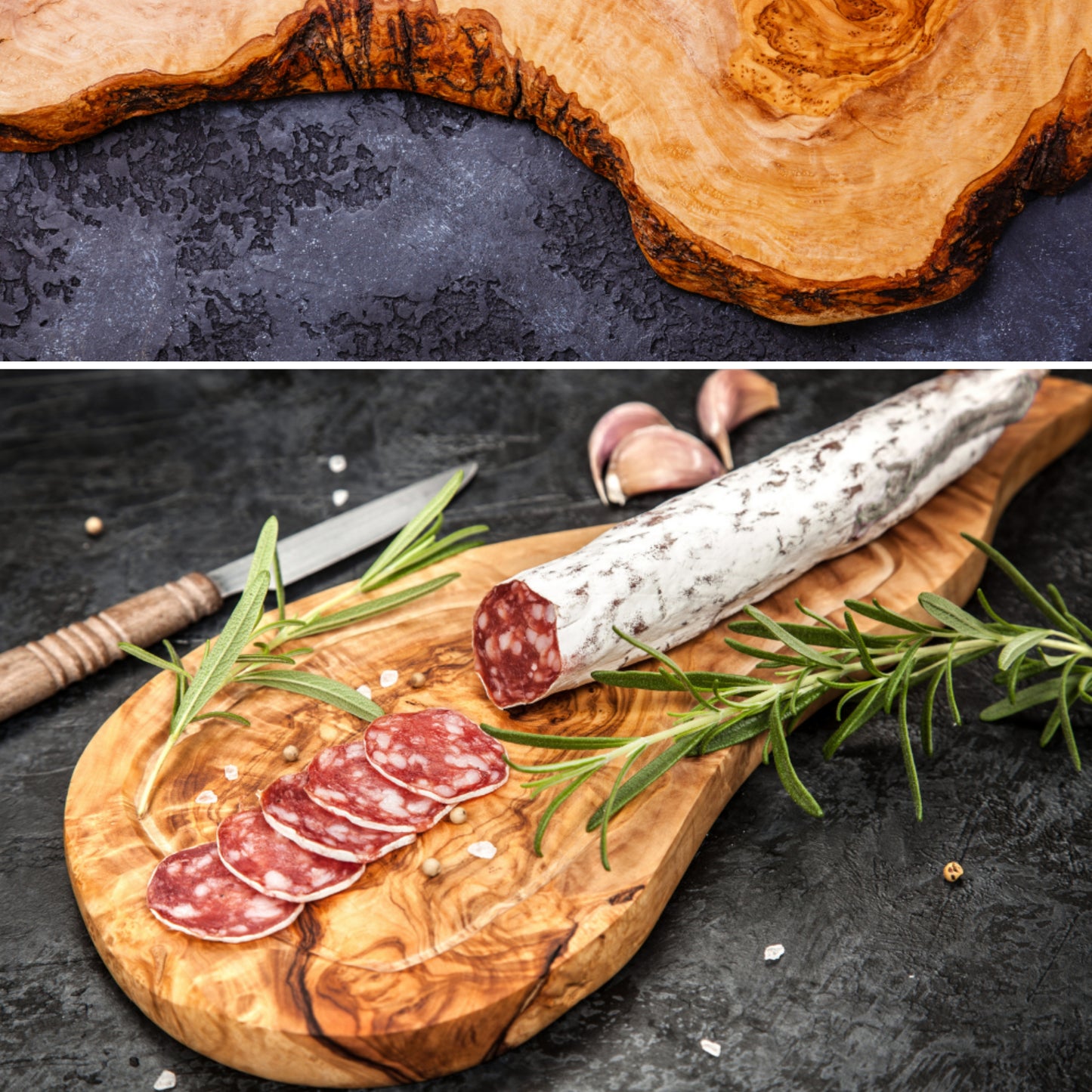 Snij- en serveerplank in mediterraan olijfhout TARRAGONA, 100% handgemaakt, met handvat en gleuf voor sappen, worstjes, vlees, barbecue, kaas, brood (ongeveer 53 x 27 x 2 cm)