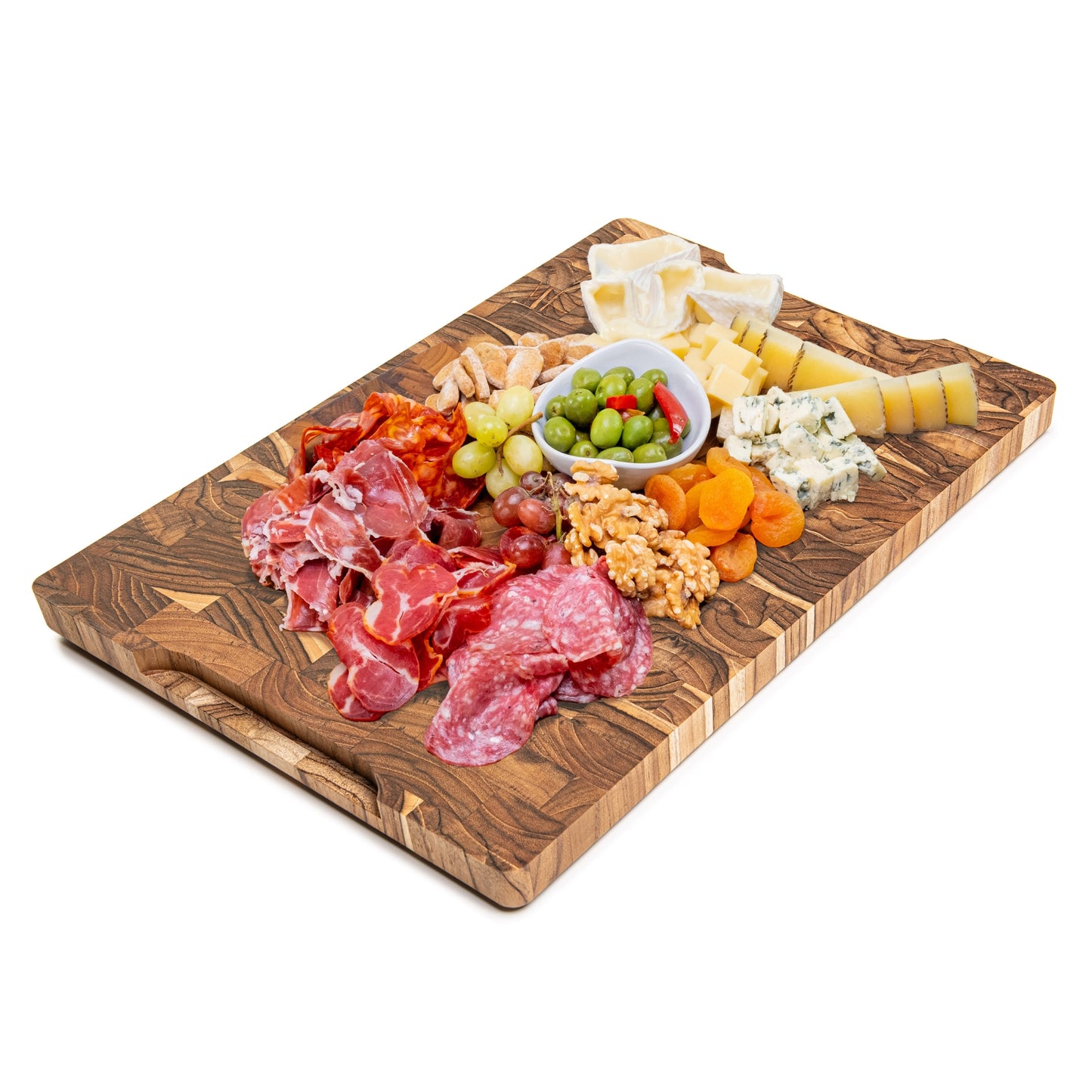 Tabla de Cortar XL en Madera TECA Natural BALI, End Grain, Reversible, Cocina o Barbacoa, Servir Carne Queso Pan, 44x30x3,2cm (ranura para jugos)