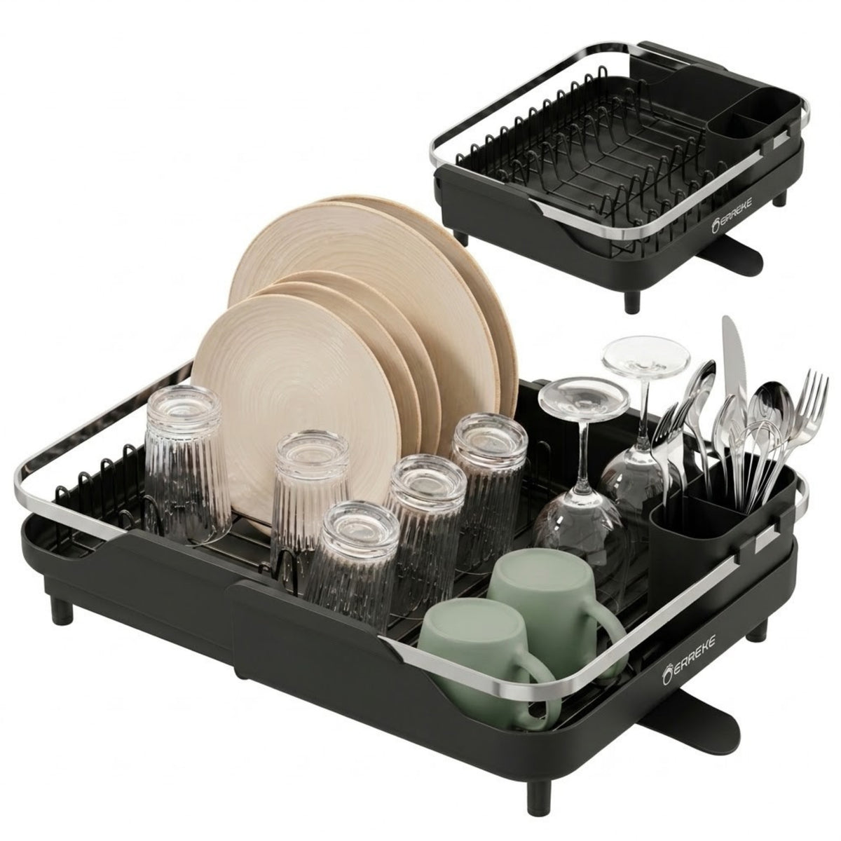 Extendable Dish Rack with Sink Drain Spout in Black
