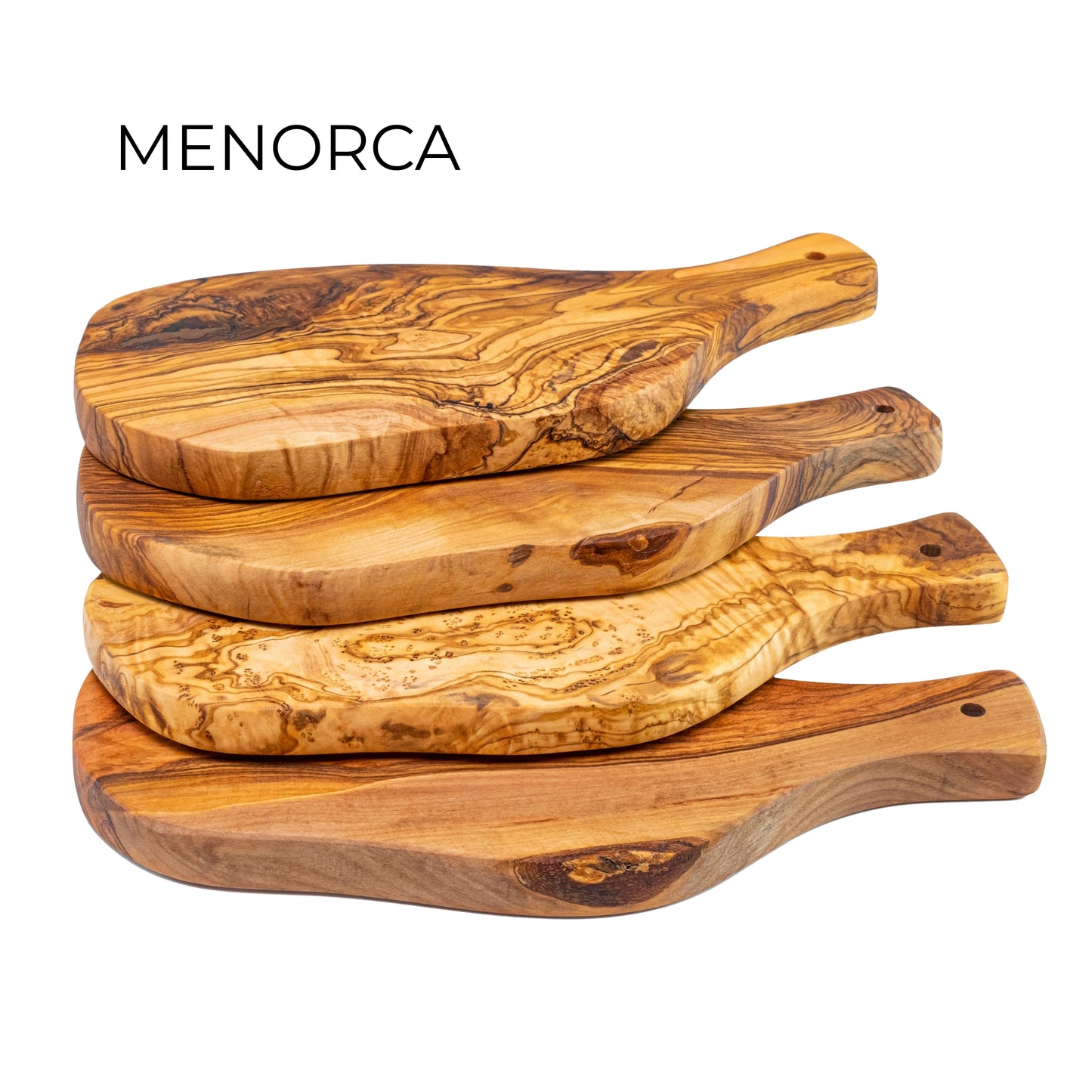 Conjunto de 4 Tábuas de Servir em Madeira de Oliveira Mediterrânica MENORCA, Artesanais, Corte, Enchidos, Pão de Queijo Barbecue (medidas aproximadas: 28x13x1,8 cm)