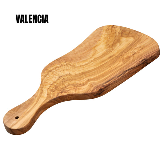 Cutting and Serving Board VALENCIA, in Mediterranean Olive Wood, 100% handmade, with handle, Sausages, Meat, BBQ, Cheese, Bread (39 x 18 x 1.8 cm approx)