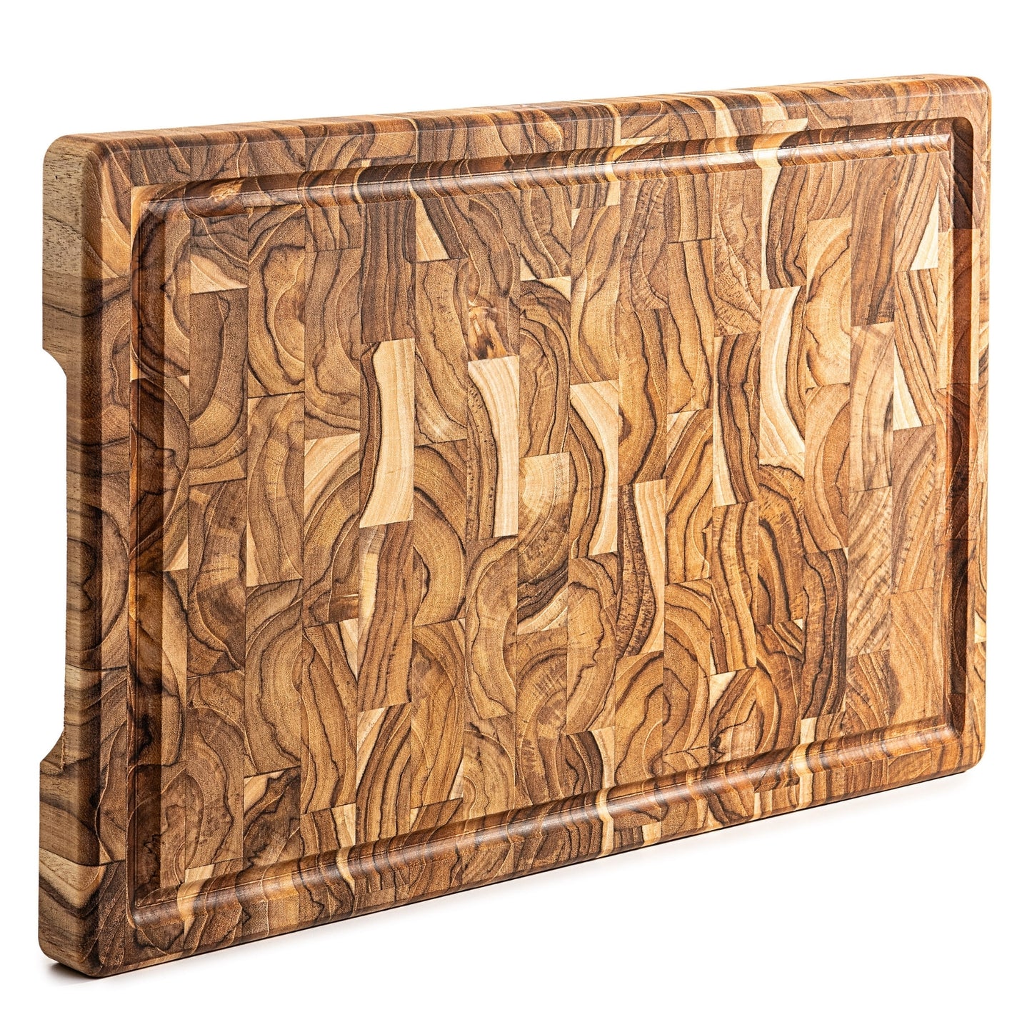 Tabla de Cortar XL en Madera TECA Natural BALI, End Grain, Reversible, Cocina o Barbacoa, Servir Carne Queso Pan, 44x30x3,2cm (ranura para jugos)