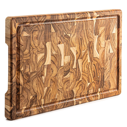 Tabla de Cortar XL en Madera TECA Natural BALI, End Grain, Reversible, Cocina o Barbacoa, Servir Carne Queso Pan, 44x30x3,2cm (ranura para jugos)
