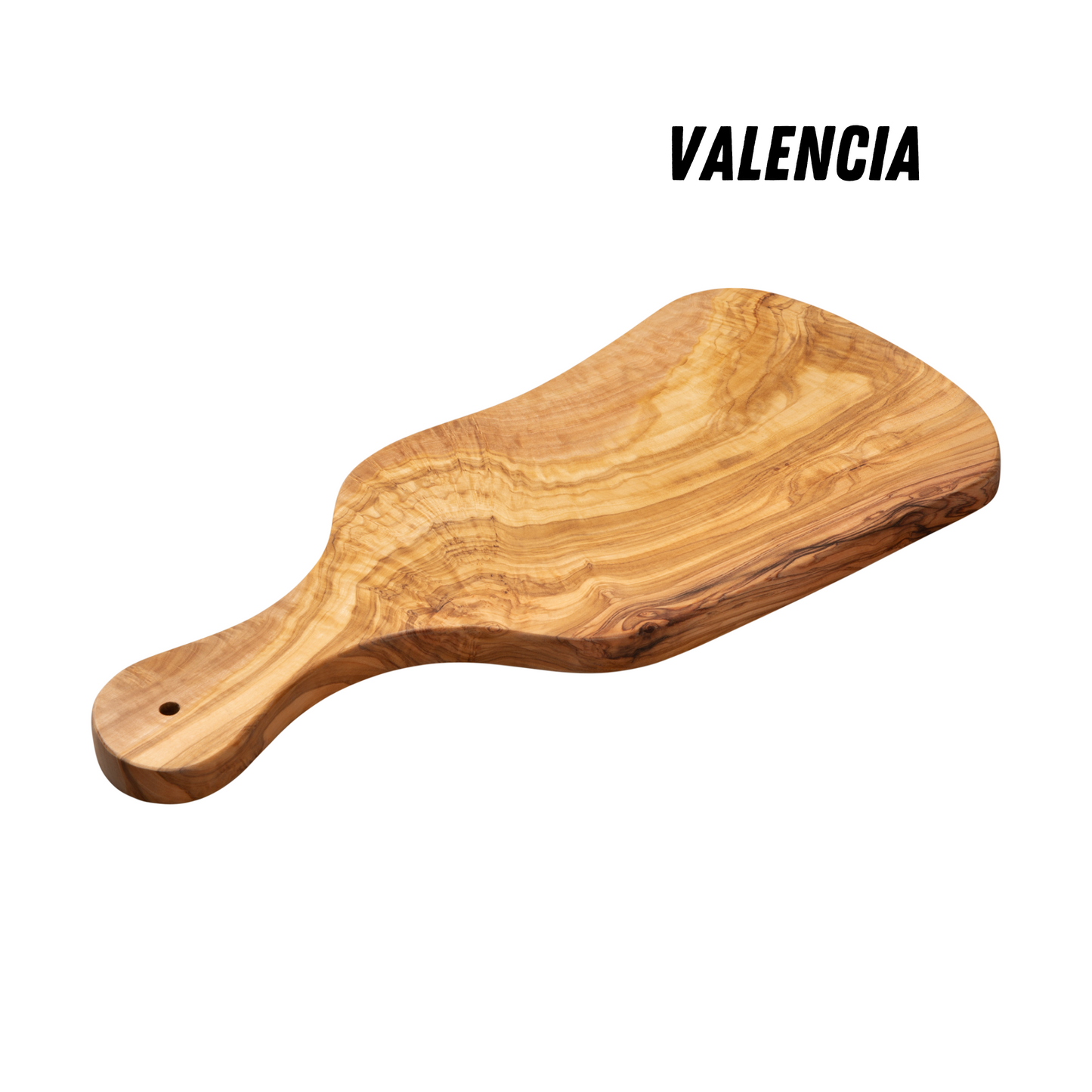 Snij- en serveertafel VALENCIA, in mediterraan olijfhout, 100% handgemaakt, met handvat, worstjes, vlees, BBQ, kaas, brood (ongeveer 39 x 18 x 1,8 cm)