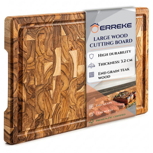 XL Tagliere in Legno TEAK BALI, Venatura Naturale, Reversibile, Cucina o BBQ, Servi Carne Formaggio Pane, 44x30x3,2cm (vano Succhi)