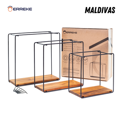 Set of 3 Wall Shelves in Teak Wood and Steel, MALDIVAS, modern and resistant