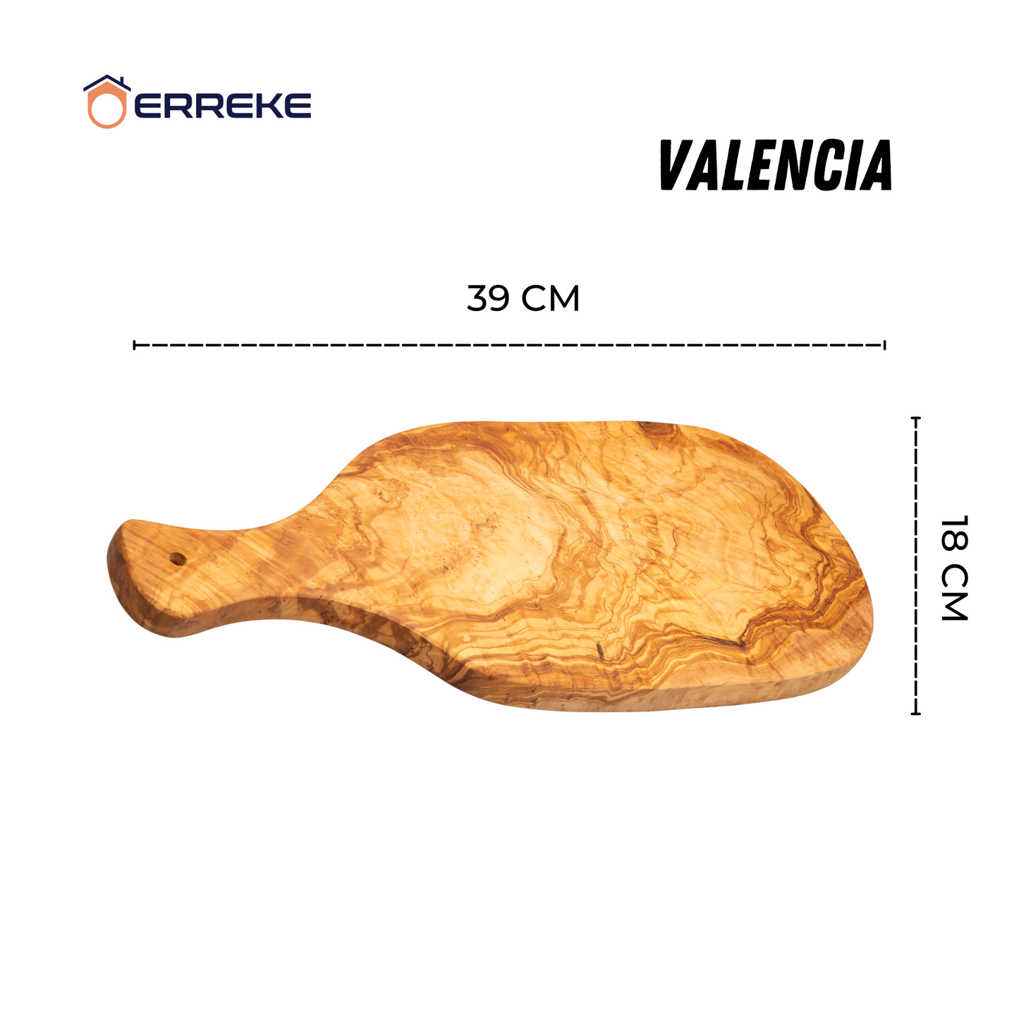 Snij- en serveertafel VALENCIA, in mediterraan olijfhout, 100% handgemaakt, met handvat, worstjes, vlees, BBQ, kaas, brood (ongeveer 39 x 18 x 1,8 cm)