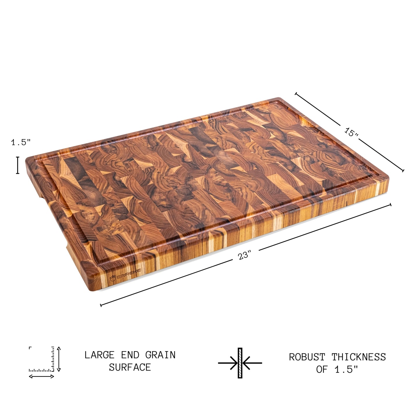 Tabla de Cortar XXL en Madera TECA Natural SIDNEY, End Grain, Bases Antideslizantes, Ideal Cocina o Barbacoa, Servir Carne Queso Pan, 58x38x3,2cm (ranura para jugos)