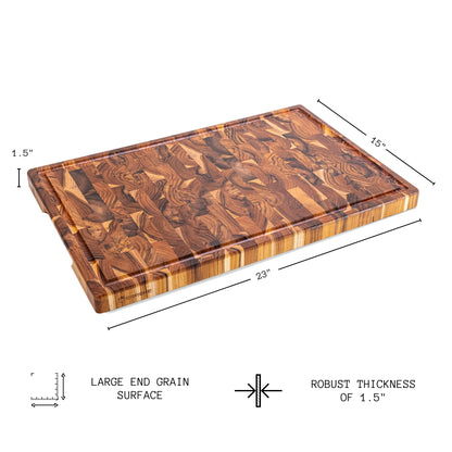 Tabla de Cortar XXL en Madera TECA Natural SIDNEY, End Grain, Bases Antideslizantes, Ideal Cocina o Barbacoa, Servir Carne Queso Pan, 58x38x3,2cm (ranura para jugos)