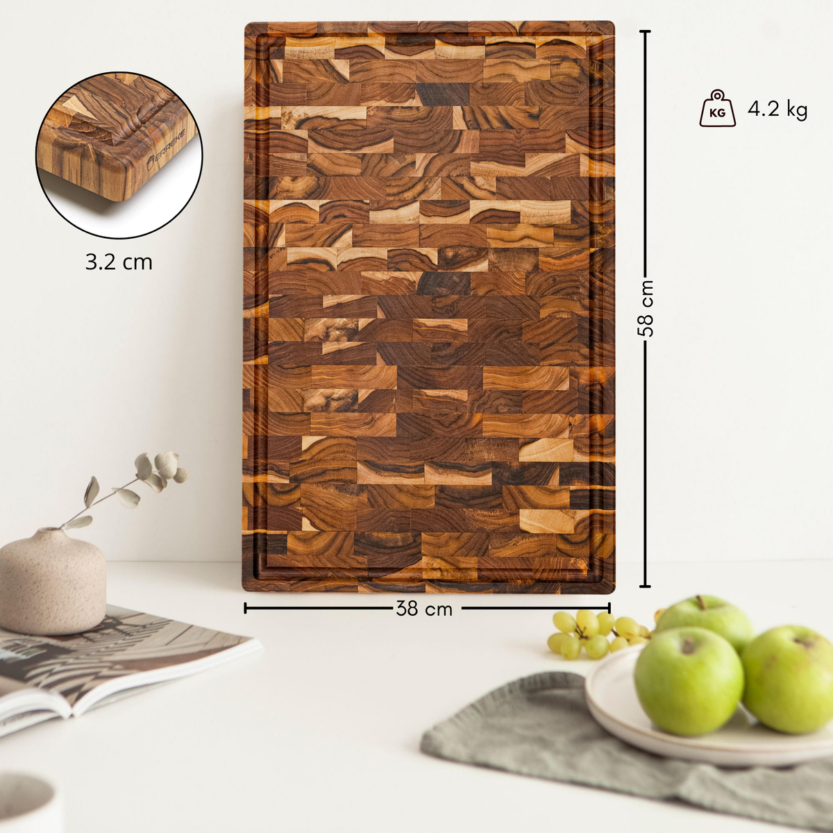 Planche à découper en bois de teck End Grain XXL 58 x 38 x 3,2 cm SIDNEY